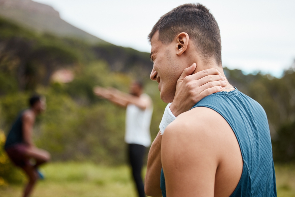 Fitness,,Nature,Or,Athlete,With,Neck,Pain,In,Exercise,,Body