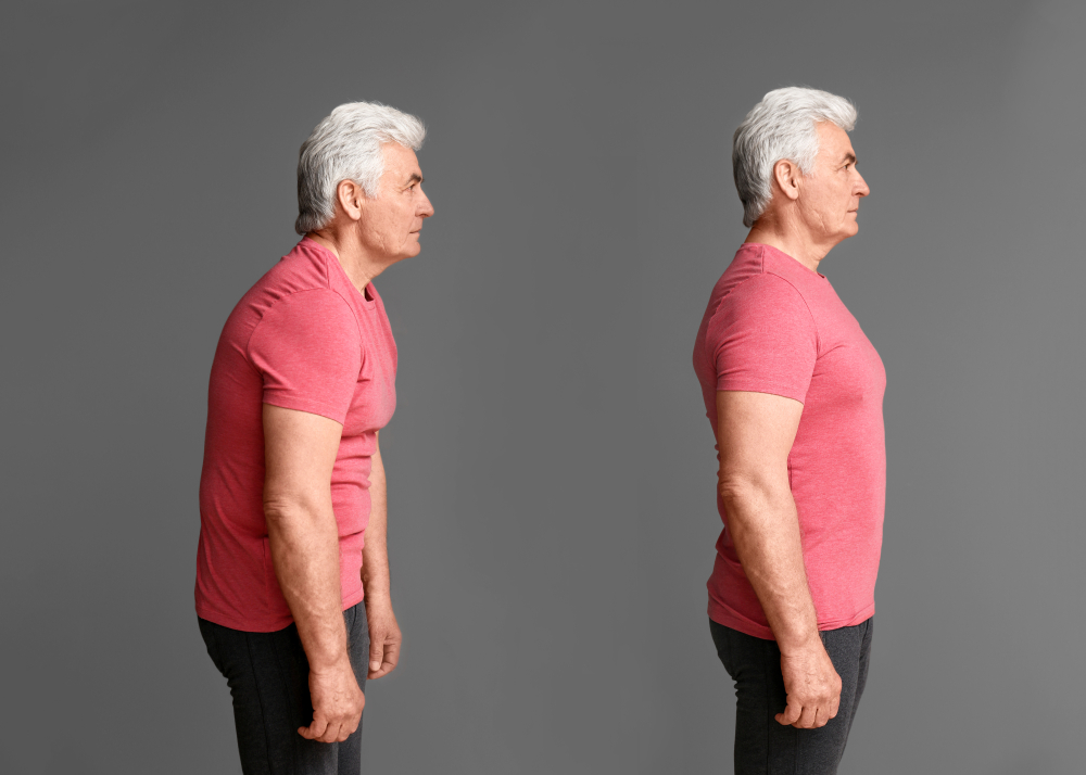 Mature,Man,With,Poor,And,Good,Posture,On,Grey,Background