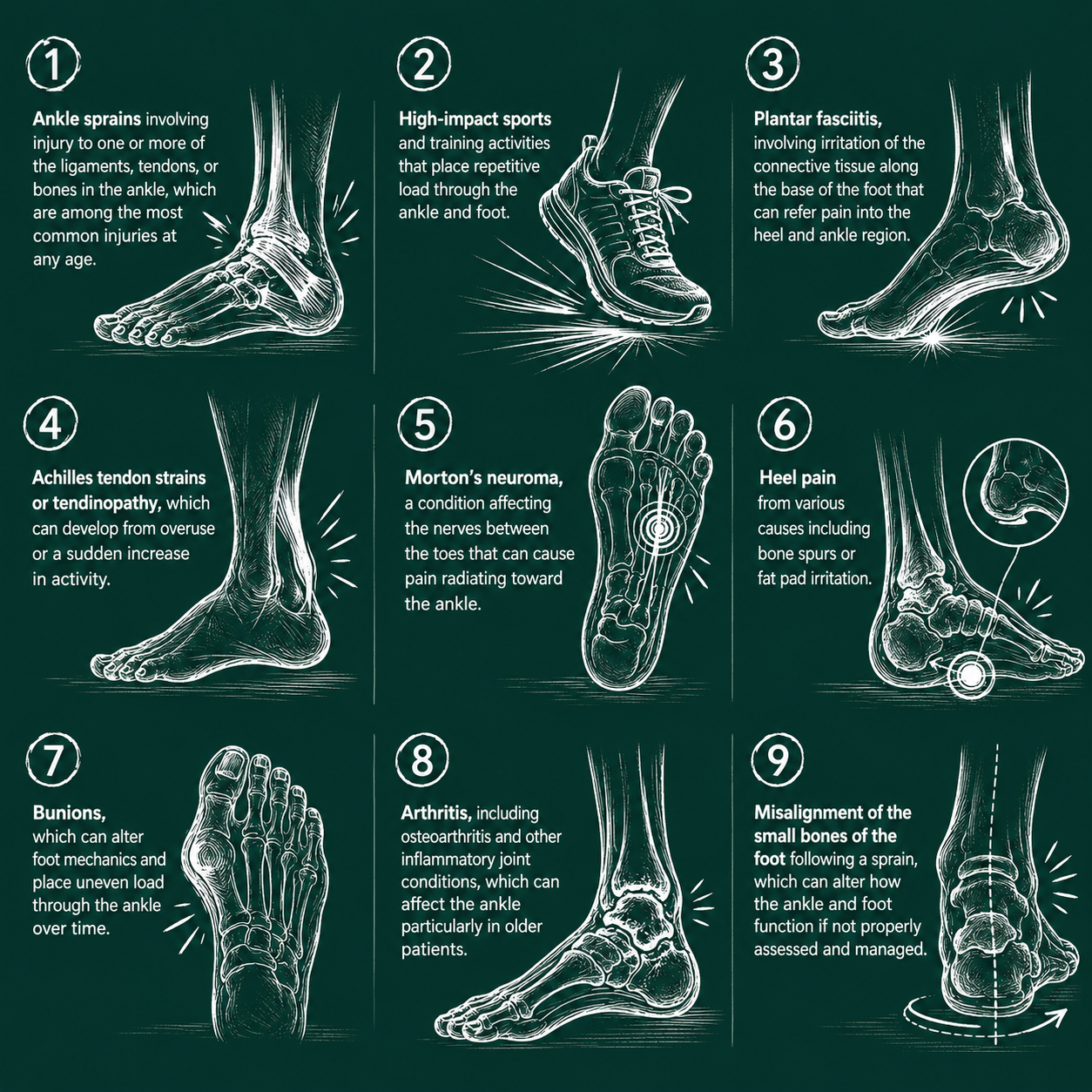 AI Generated Illustrated diagram showing nine common causes of ankle and foot pain including ankle sprains, plantar fasciitis, Achilles tendon strains, Morton's neuroma, heel pain, bunions, arthritis, and misalignment of the small bones of the foot.