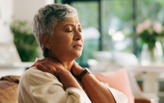 Neck Pain, Tension and Senior Woman on Sofa in Home with Discomfort, Tired and Stiff Muscle. Elderly, Stress and Massaging Sore Shoulder for Fibromyalgia, Ache or Pinched Nerve Problem in Retirement