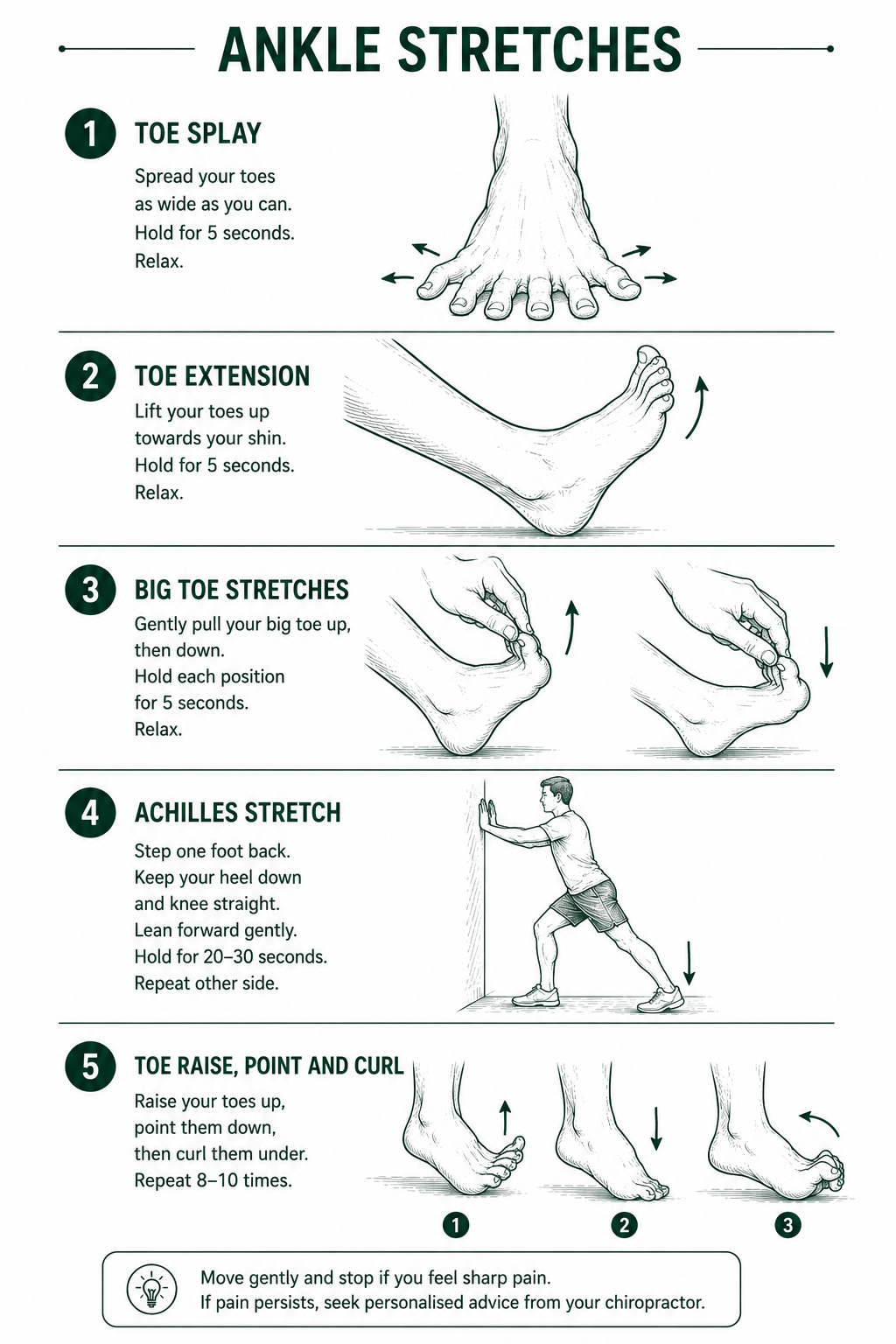 AI generated Illustrated step-by-step ankle stretch guide showing five exercises including toe splay, toe extension, big toe stretches, Achilles stretch, and toe raise point and curl, with written instructions for each movement and a safety note at the bottom.