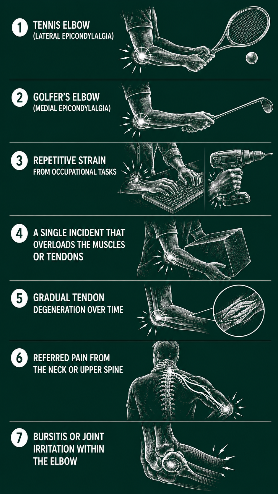 Seven Causes of Elbow Pain Explained | Northbridge Chiropractic Perth AI generated Vertical illustrated diagram showing seven causes of elbow pain including tennis elbow or lateral epicondylalgia, golfer's elbow or medial epicondylalgia, repetitive strain from occupational tasks, a single incident overloading the muscles or tendons, gradual tendon degeneration over time, referred pain from the neck or upper spine, and bursitis or joint irritation within the elbow.