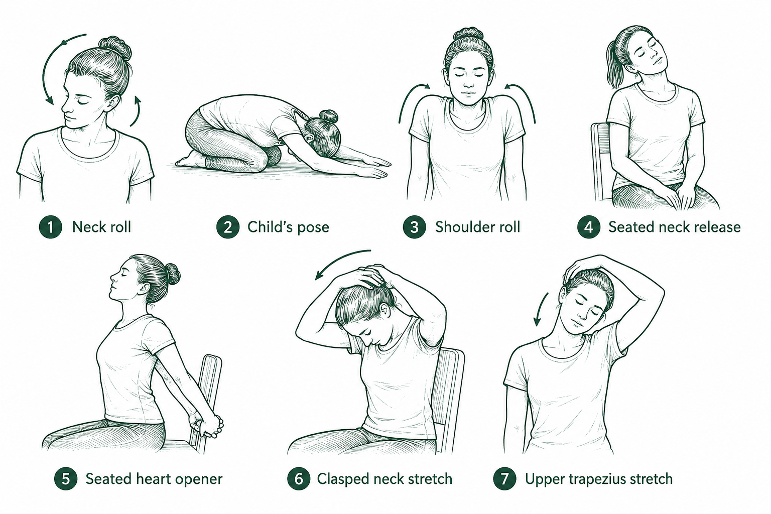 Illustrated guide showing seven neck and shoulder stretches including neck roll, child's pose, shoulder roll, seated neck release, seated heart opener, clasped neck stretch, and upper trapezius stretch.