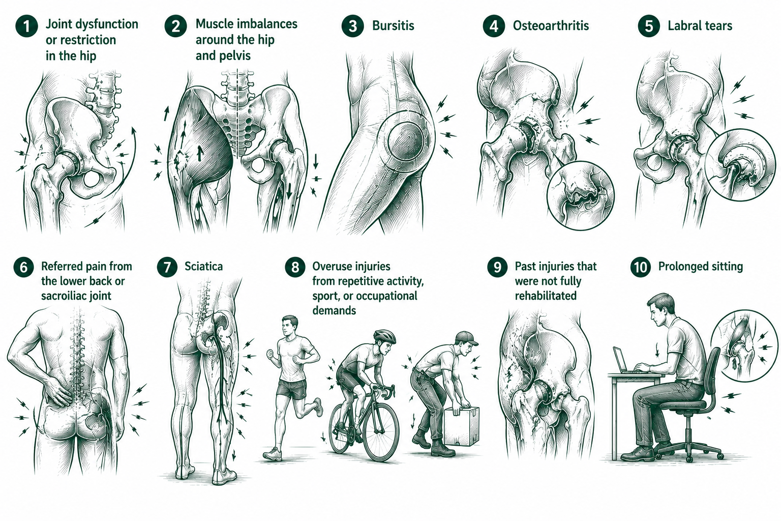 AI Generated Illustrated diagram showing ten common causes of hip pain including joint dysfunction or restriction in the hip, muscle imbalances around the hip and pelvis, bursitis, osteoarthritis, labral tears, referred pain from the lower back or sacroiliac joint, sciatica, overuse injuries from repetitive activity sport or occupational demands, past injuries that were not fully rehabilitated, and prolonged sitting.