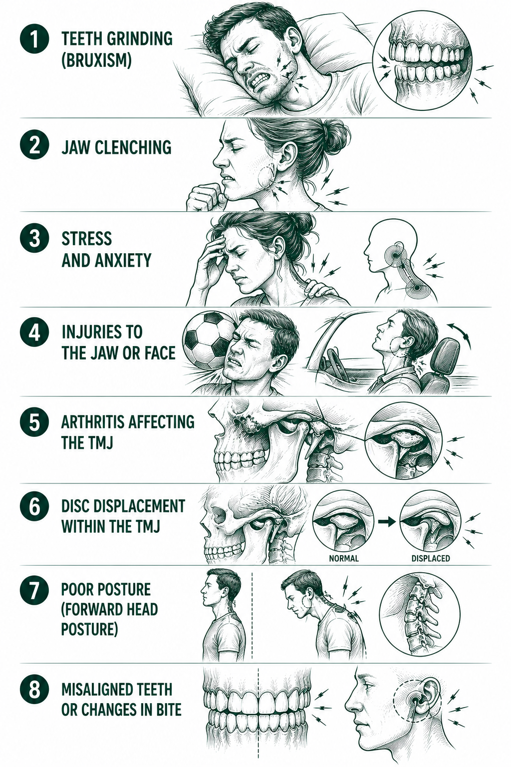 Common Causes of Jaw Pain and TMJ Dysfunction | Northbridge Chiropractic Perth AI Generated Illustrated diagram showing eight common causes of jaw pain and TMJ dysfunction including teeth grinding or bruxism, jaw clenching, stress and anxiety, injuries to the jaw or face, arthritis affecting the TMJ, disc displacement within the TMJ, poor posture or forward head posture, and misaligned teeth or changes in bite.