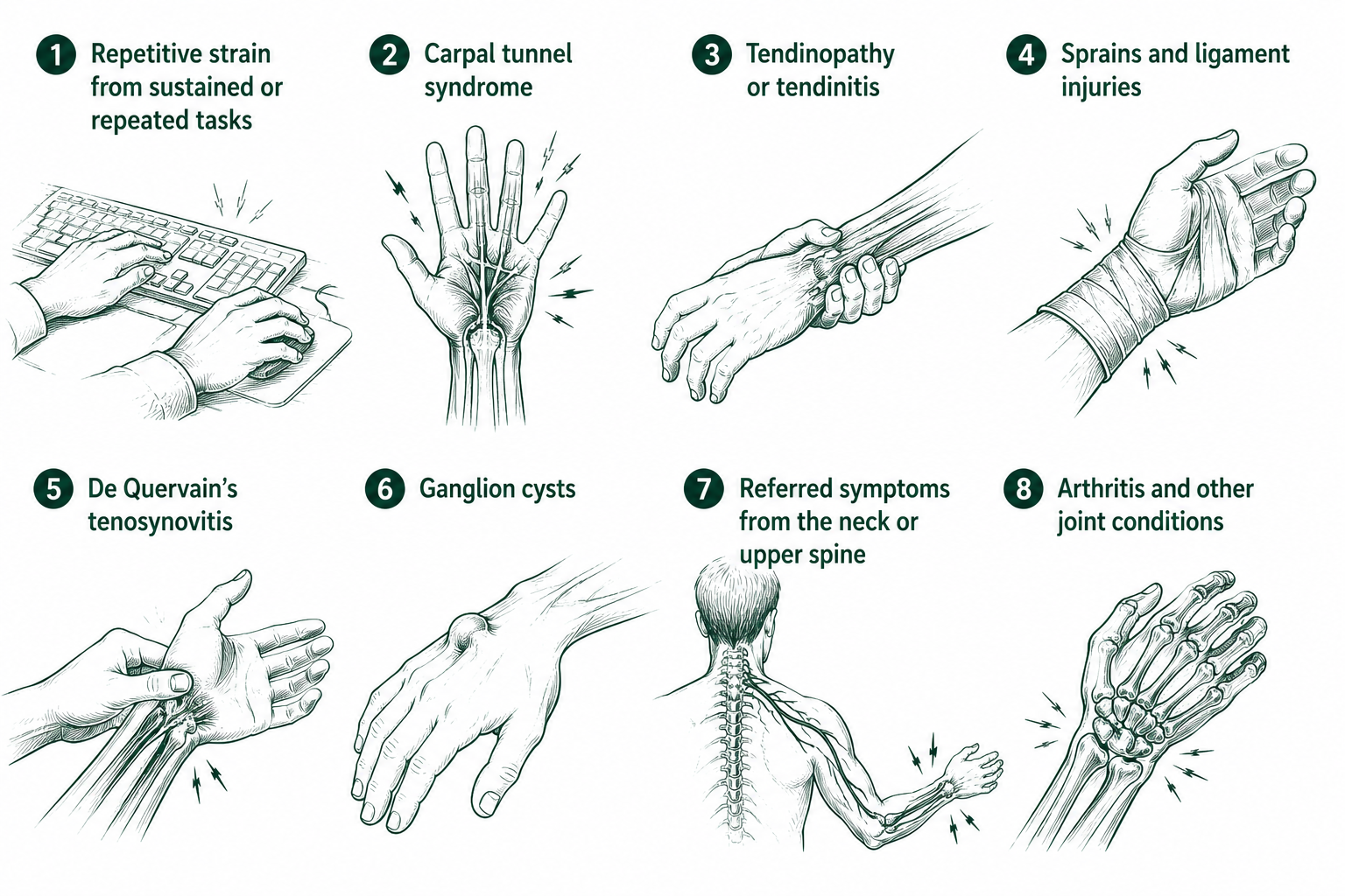 AI generated Illustrated diagram showing eight common causes of wrist pain including repetitive strain from sustained or repeated tasks, carpal tunnel syndrome, tendinopathy or tendinitis, sprains and ligament injuries, De Quervain's tenosynovitis, ganglion cysts, referred symptoms from the neck or upper spine, and arthritis and other joint conditions.